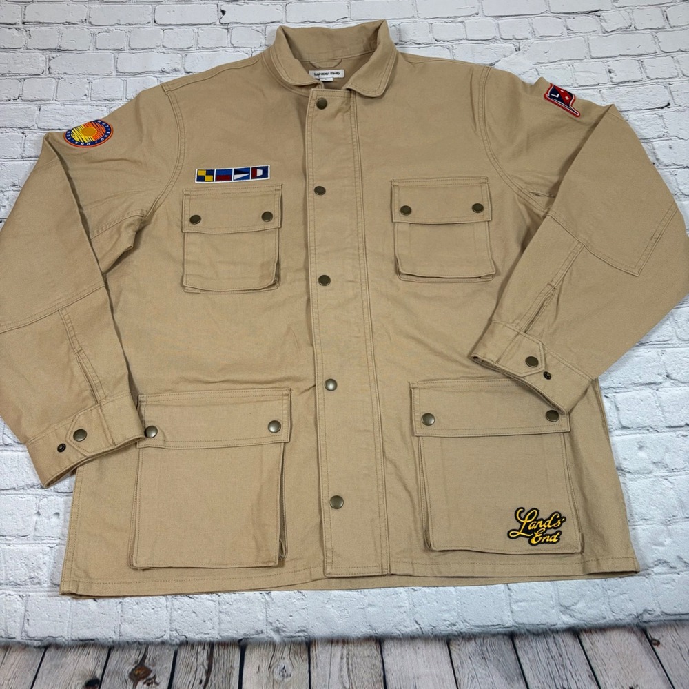 Lands End Mens Khaki Canvas Chore Jacket Nautical Patch Utility Field Coat L